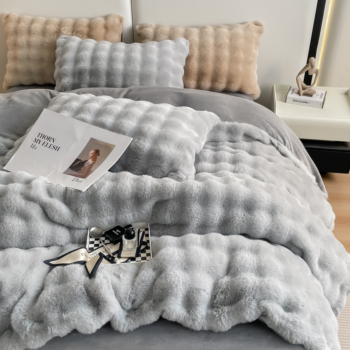 91家纺网 家纺一手货源 找家纺 凉百百 2024新款保暖大泡泡兔毛绒四件套 极地灰