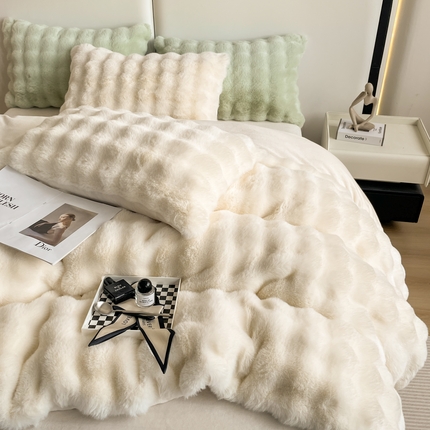 凉百百 2024新款保暖大泡泡兔毛绒四件套  奶白 