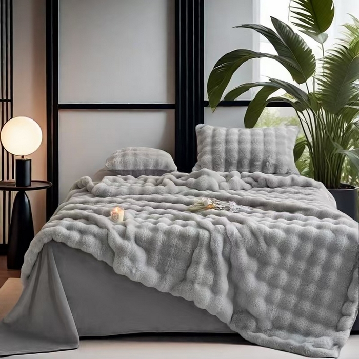 91家纺网 家纺一手货源 找家纺 凉百百 2024新款保暖大泡泡兔毛绒四件套 极地灰