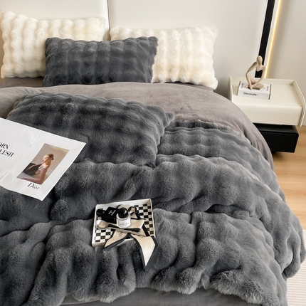 凉百百 2024新款保暖大泡泡兔毛绒四件套 高级灰