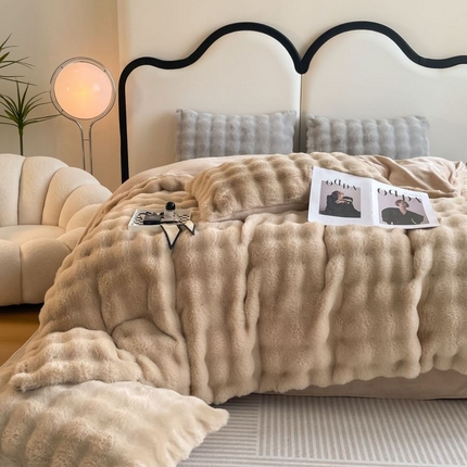 91家纺网 家纺一手货源 找家纺 凉百百 2024新款保暖大泡泡兔毛绒四件套 奶茶色