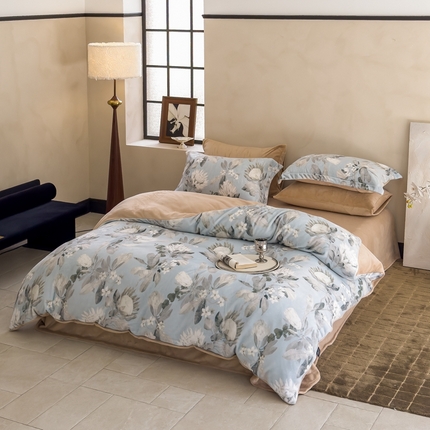 91家纺网 家纺一手货源 找家纺 三味舒屋 2024新款小清新数码印花牛奶绒四件套-花艺系列 兰亭