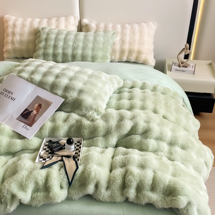 凉百百 2024新款保暖大泡泡兔毛绒四件套 抹茶绿 