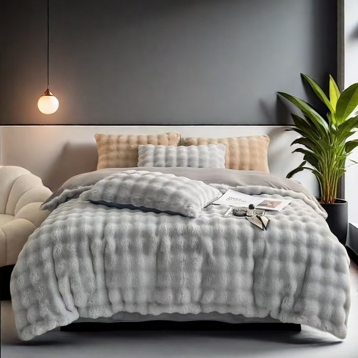 91家纺网 家纺一手货源 找家纺 凉百百 2024新款保暖大泡泡兔毛绒四件套 极地灰