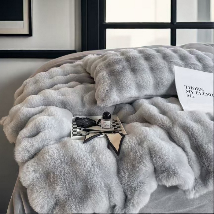 91家纺网 家纺一手货源 找家纺 凉百百 2024新款保暖大泡泡兔毛绒四件套 极地灰