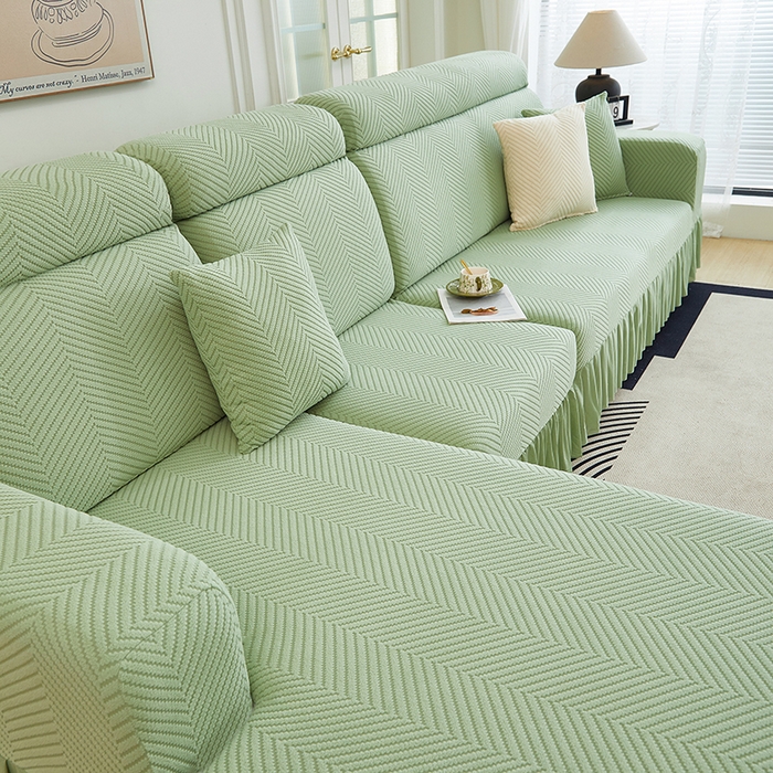91家纺网 家纺一手货源 找家纺 千彤沙发垫 2024新款拉花绒-全包沙发套-人字纹系列 浅绿