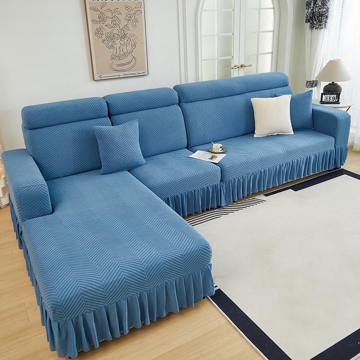 91家纺网 家纺一手货源 找家纺 千彤沙发垫 2024新款拉花绒-全包沙发套-人字纹系列 水蓝