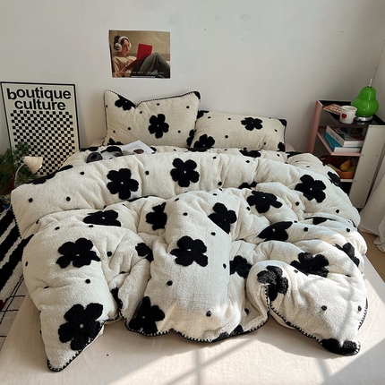 桃子家居 2024新款A类加厚美拉德温暖治愈风舒棉绒黑纱阳离子提花三角针贝壳边牛奶绒系列四件套 绒三角针-美拉德墨花