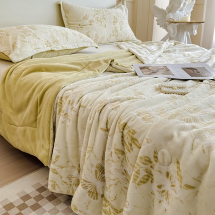 金丝鸟家纺 2024新款加厚240g立体雕花牛奶绒夹棉绗缝毛毯 蝴蝶飞 草绿ab毯