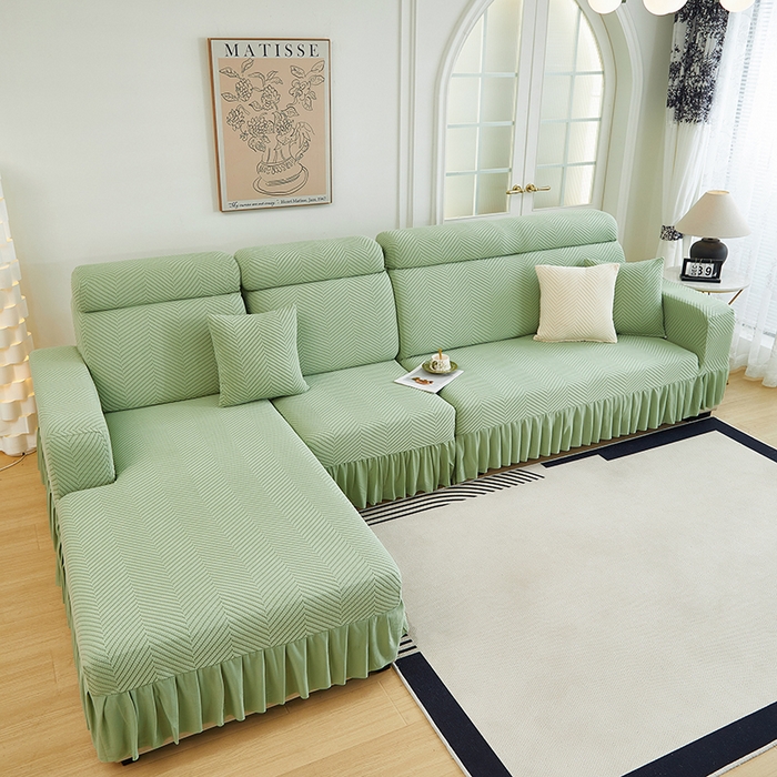 91家纺网 家纺一手货源 找家纺 千彤沙发垫 2024新款拉花绒-全包沙发套-人字纹系列 浅绿