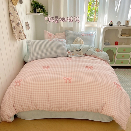 91家纺网 家纺一手货源 找家纺 （总）顾里家纺 2024新款格子蝴蝶结毛巾绣牛奶绒四件套