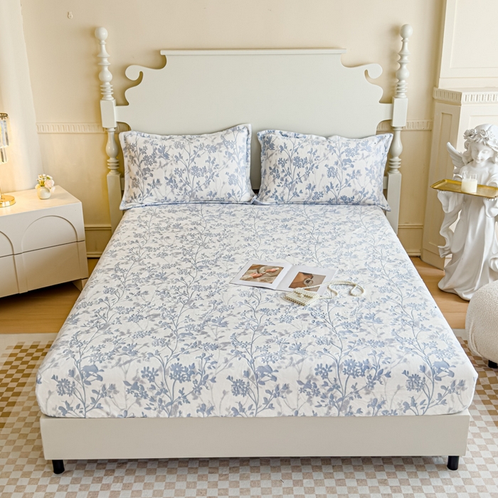 91家纺网 家纺一手货源 找家纺 金丝鸟家纺 2024新款加厚240g立体雕花牛奶绒床笠 繁花 蓝