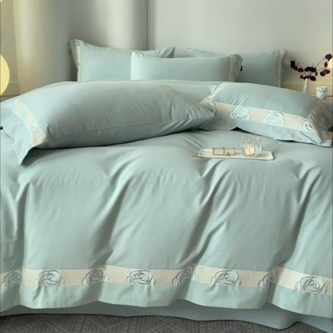 91家纺网 家纺一手货源 找家纺  2024新款秋冬高端全棉加厚磨毛四件套刺绣轻奢高级亲肤裸睡爆款床单被套床笠款床上用品 花韵-茶绿