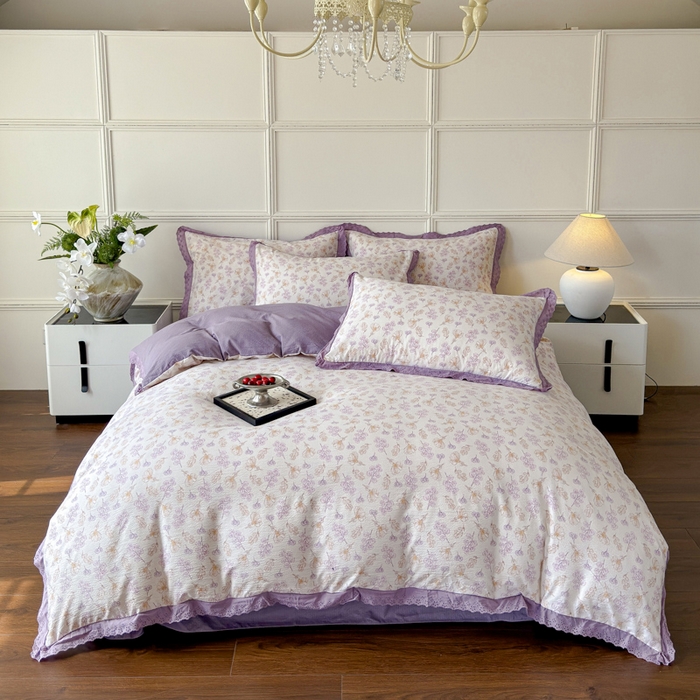 91家纺网 家纺一手货源 找家纺 可思家纺 2024新款韩版花边木棉皱皱纱四件套系列紫薰