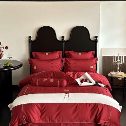 91家纺网 家纺一手货源 找家纺 （总）2024新款大红婚庆100支澳棉纯棉套件-囍至