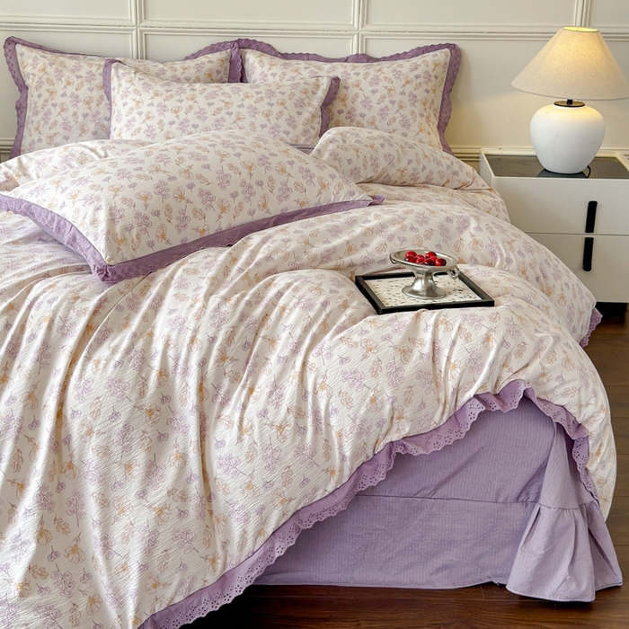 91家纺网 家纺一手货源 找家纺 可思家纺 2024新款韩版花边木棉皱皱纱四件套系列紫薰