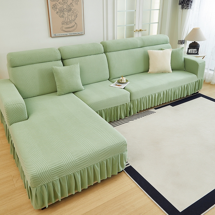 91家纺网 家纺一手货源 找家纺 千彤沙发垫 2024新款拉花绒-全包沙发套-人字纹系列 浅绿