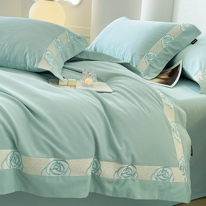 91家纺网 家纺一手货源 找家纺  2024新款秋冬高端全棉加厚磨毛四件套刺绣轻奢高级亲肤裸睡爆款床单被套床笠款床上用品 花韵-茶绿