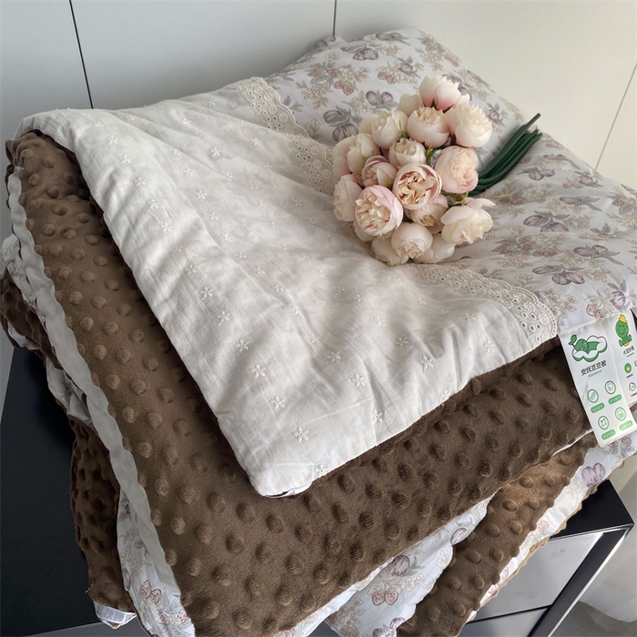 91家纺网 家纺一手货源 找家纺 2025新款秋冬季棉加豆豆绒法式花边款豆豆被被芯莓果咖