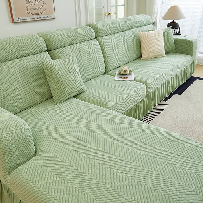 91家纺网 家纺一手货源 找家纺 千彤沙发垫 2024新款拉花绒-全包沙发套-人字纹系列 浅绿