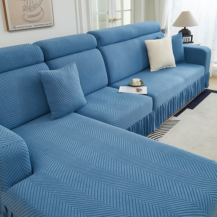91家纺网 家纺一手货源 找家纺 千彤沙发垫 2024新款拉花绒-全包沙发套-人字纹系列 水蓝