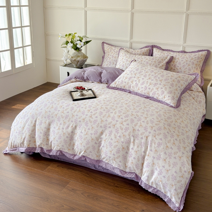 91家纺网 家纺一手货源 找家纺 可思家纺 2024新款韩版花边木棉皱皱纱四件套系列紫薰