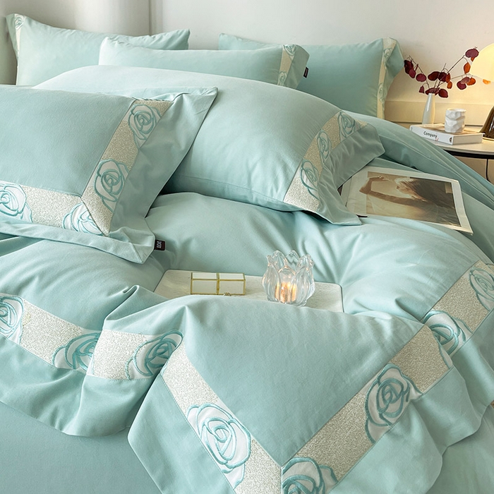 91家纺网 家纺一手货源 找家纺  2024新款秋冬高端全棉加厚磨毛四件套刺绣轻奢高级亲肤裸睡爆款床单被套床笠款床上用品 花韵-茶绿