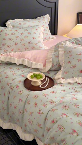 91家纺网 家纺一手货源 找家纺 潘朵拉家纺 2024爆款绒法式双层牛奶绒花边四件套 蓝茉