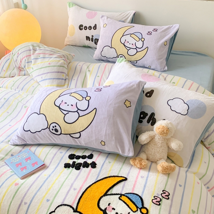 91家纺网 家纺一手货源 找家纺 澳萝拉 2024新款牛奶绒毛巾绣四件套 梦境狗狗