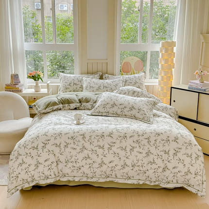 91家纺网 家纺一手货源 找家纺 （总）可思家纺 2024新款压线款宽边一字绣木棉皱皱纱四件套