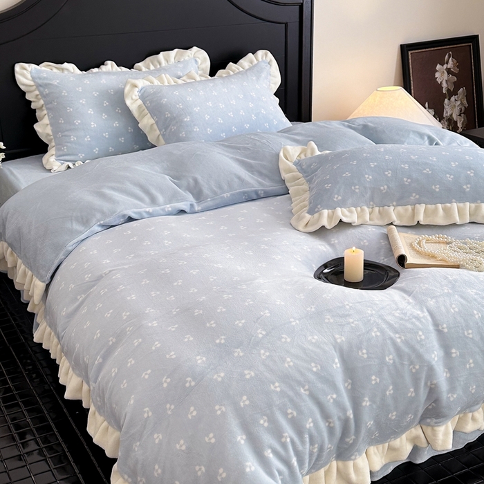 91家纺网 家纺一手货源 找家纺 潘朵拉家纺 2024爆款绒法式双层牛奶绒花边四件套 悠米