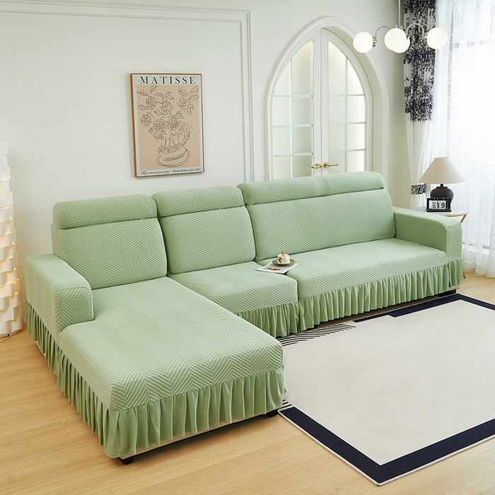 91家纺网 家纺一手货源 找家纺 千彤沙发垫 2024新款拉花绒-全包沙发套-人字纹系列 浅绿