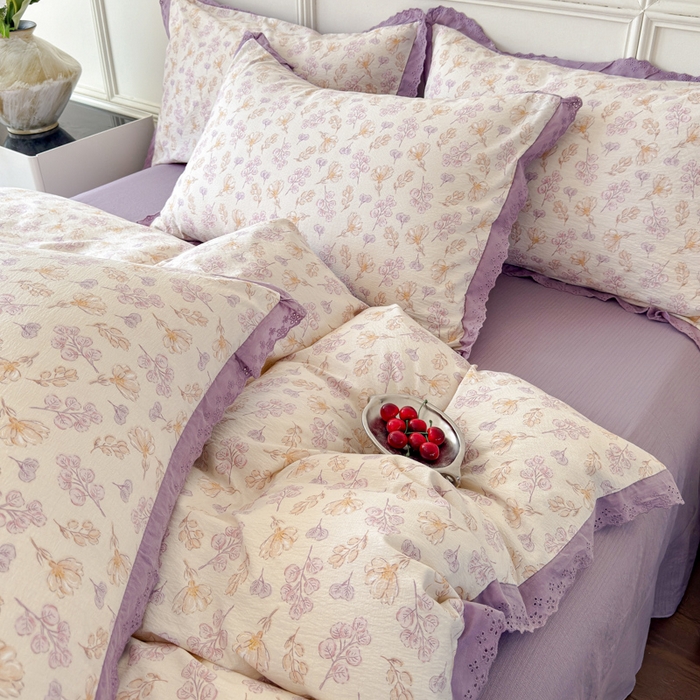 91家纺网 家纺一手货源 找家纺 可思家纺 2024新款韩版花边木棉皱皱纱四件套系列紫薰