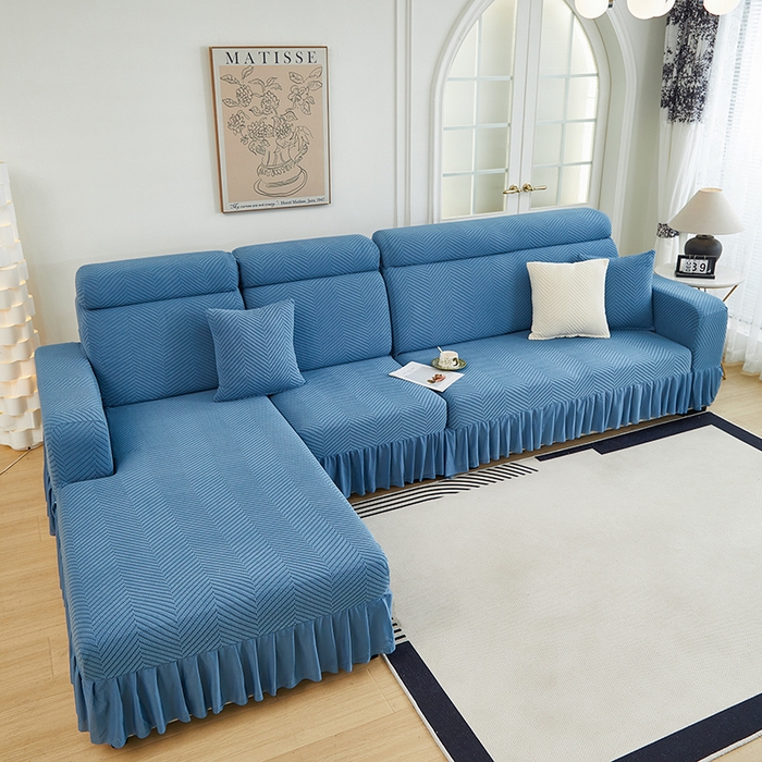 91家纺网 家纺一手货源 找家纺 千彤沙发垫 2024新款拉花绒-全包沙发套-人字纹系列 水蓝