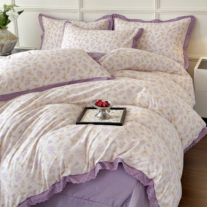 91家纺网 家纺一手货源 找家纺 可思家纺 2024新款韩版花边木棉皱皱纱四件套系列紫薰