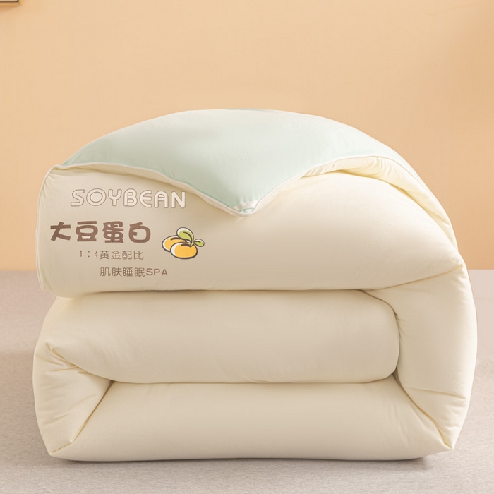 91家纺网 家纺一手货源 找家纺 佳居缘 2025新款小奶猫A类针织棉火山绒大豆被被子被芯软糯单人双人被芯冬被 米色浅绿双拼