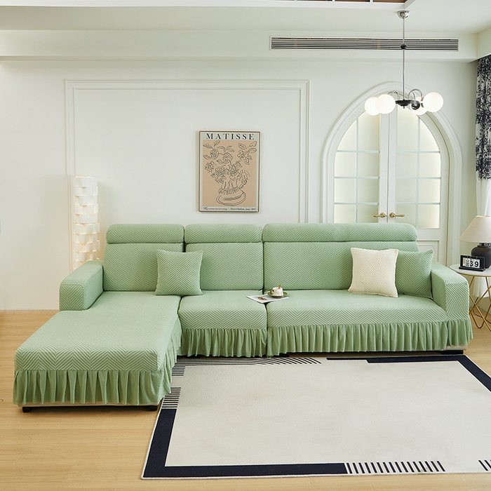 91家纺网 家纺一手货源 找家纺 千彤沙发垫 2024新款拉花绒-全包沙发套-人字纹系列 浅绿