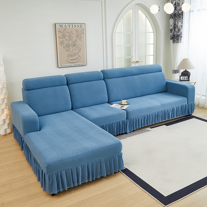 91家纺网 家纺一手货源 找家纺 千彤沙发垫 2024新款拉花绒-全包沙发套-人字纹系列 水蓝