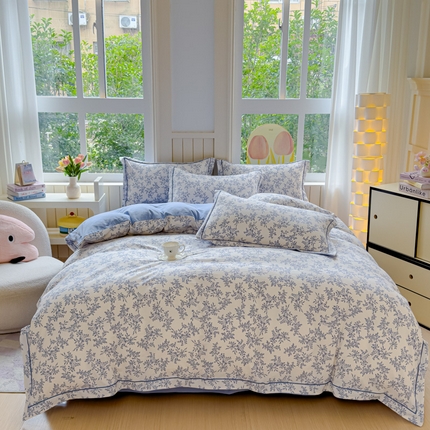 91家纺网 家纺一手货源 找家纺 可思家纺 2024新款压线款宽边一字绣木棉皱皱纱四件套 兰园