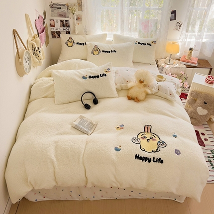 眠帛家居 2024高克重牛奶绒羊羔绒毛巾绣加印大版卡通四件套 奶泡