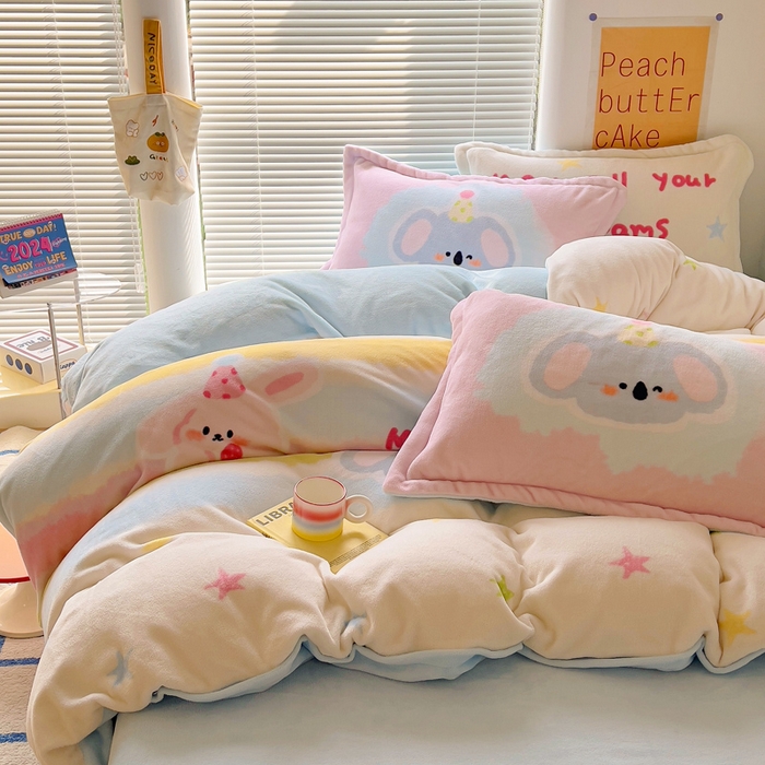 91家纺网 家纺一手货源 找家纺 金爱家 2024新款ins大版牛奶绒数码印花四件套 绒大版-星星乐园