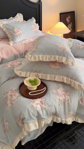 91家纺网 家纺一手货源 找家纺 潘朵拉家纺 2024爆款绒法式双层牛奶绒花边四件套 浅夏