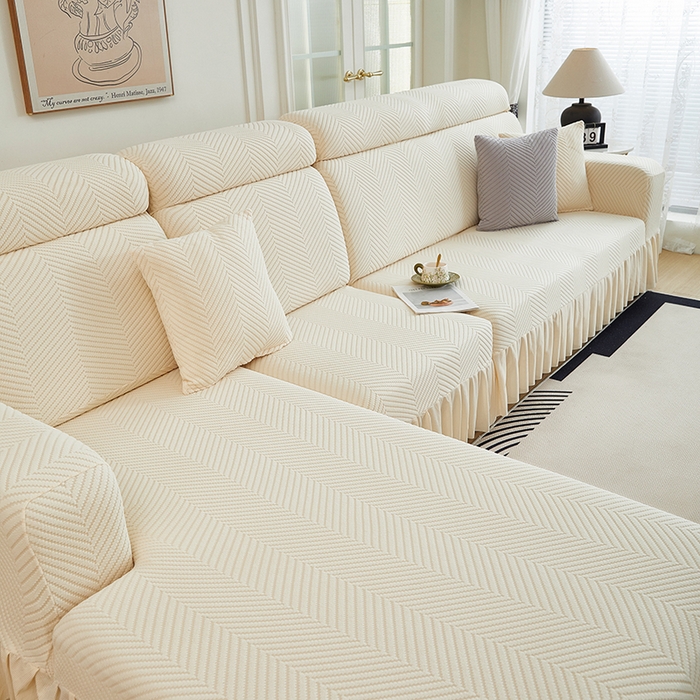 91家纺网 家纺一手货源 找家纺 千彤沙发垫 2024新款拉花绒-全包沙发套-人字纹系列 米黄