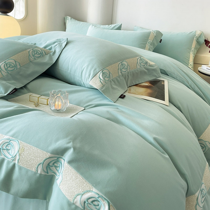 91家纺网 家纺一手货源 找家纺  2024新款秋冬高端全棉加厚磨毛四件套刺绣轻奢高级亲肤裸睡爆款床单被套床笠款床上用品 花韵-茶绿
