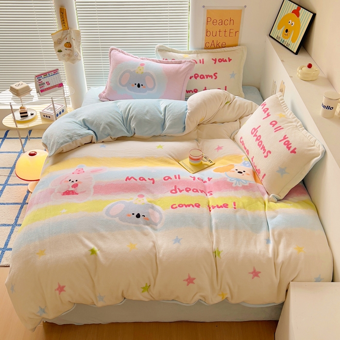 91家纺网 家纺一手货源 找家纺 金爱家 2024新款ins大版牛奶绒数码印花四件套 绒大版-星星乐园