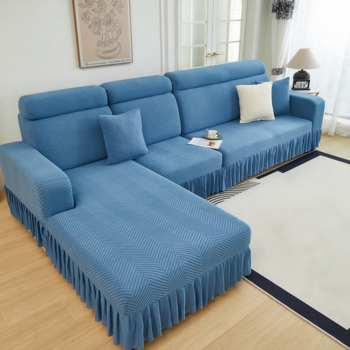 91家纺网 家纺一手货源 找家纺 千彤沙发垫 2024新款拉花绒-全包沙发套-人字纹系列 水蓝