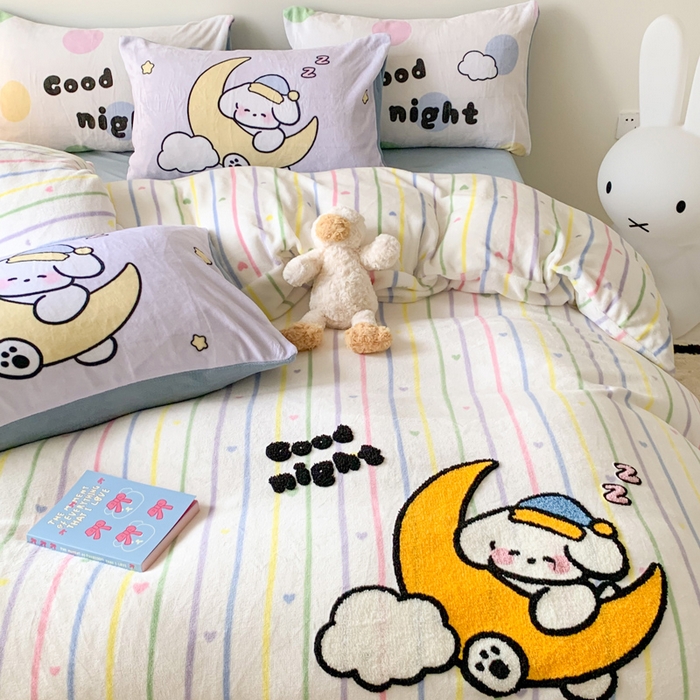 91家纺网 家纺一手货源 找家纺 澳萝拉 2024新款牛奶绒毛巾绣四件套 梦境狗狗