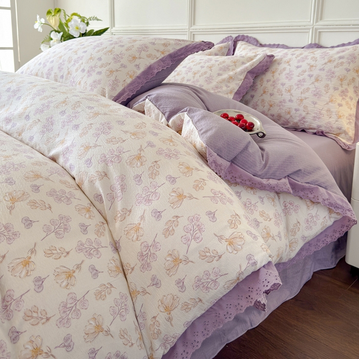 91家纺网 家纺一手货源 找家纺 可思家纺 2024新款韩版花边木棉皱皱纱四件套系列紫薰