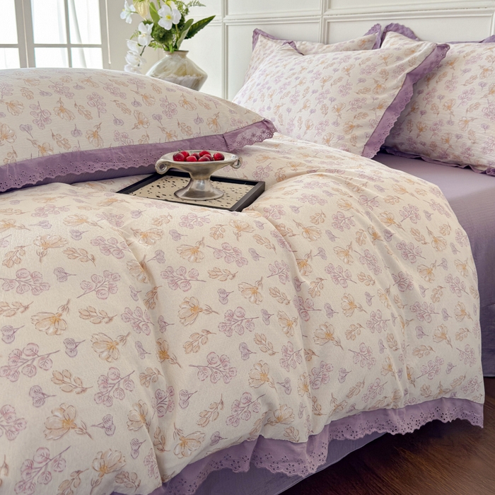 91家纺网 家纺一手货源 找家纺 可思家纺 2024新款韩版花边木棉皱皱纱四件套系列紫薰