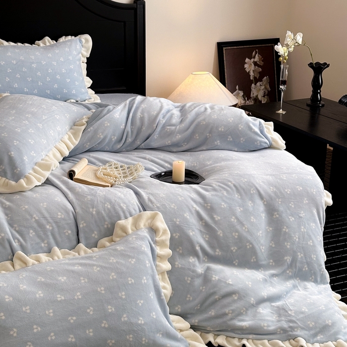 91家纺网 家纺一手货源 找家纺 潘朵拉家纺 2024爆款绒法式双层牛奶绒花边四件套 悠米